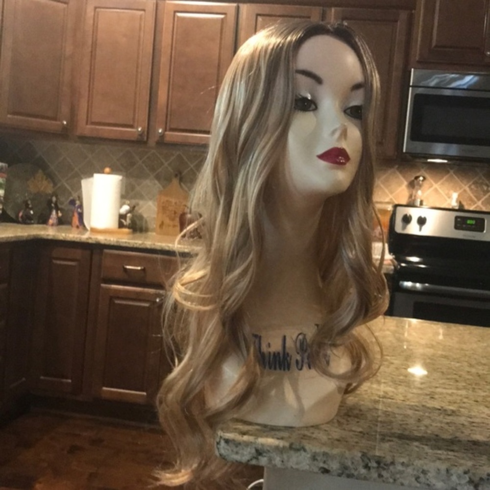 Rooted Medium Blonde Ombre Wig w/ Long Wavy Curls